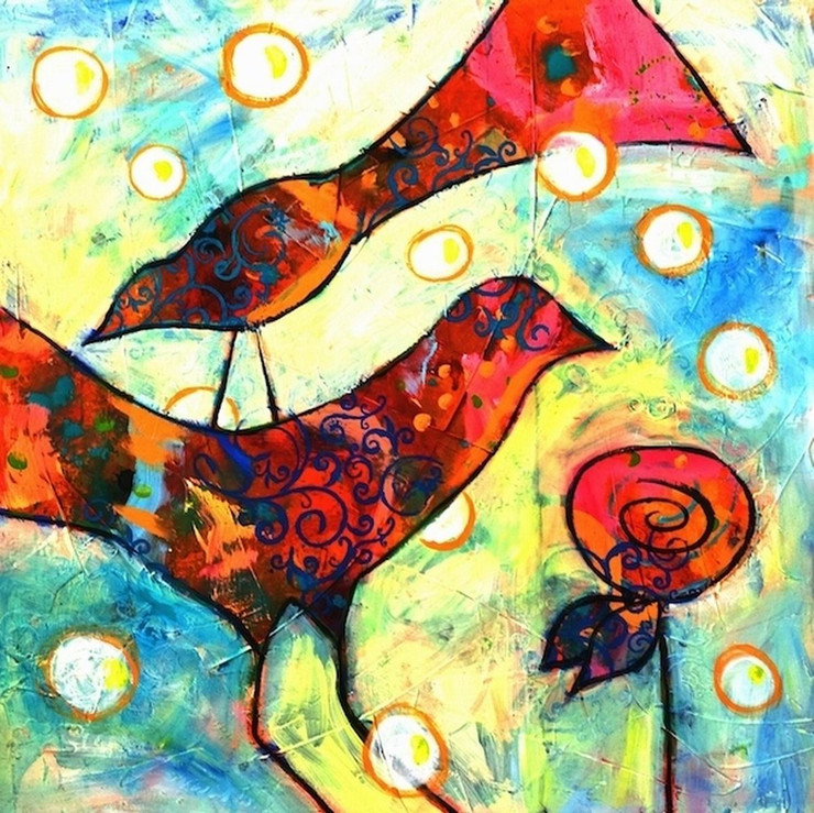 birds, two birds,rose,flower, blossom, red rose, bird painting, rose painting, birds with rose