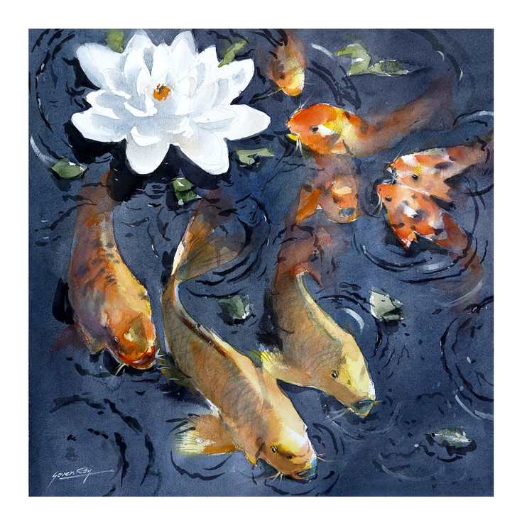 Fortune Fish (ART_5774_51524) - Handpainted Art Painting - 22in X 22in