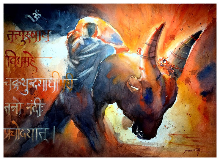 BULL FIGHT (ART_5774_51513) - Handpainted Art Painting - 30in X 22in