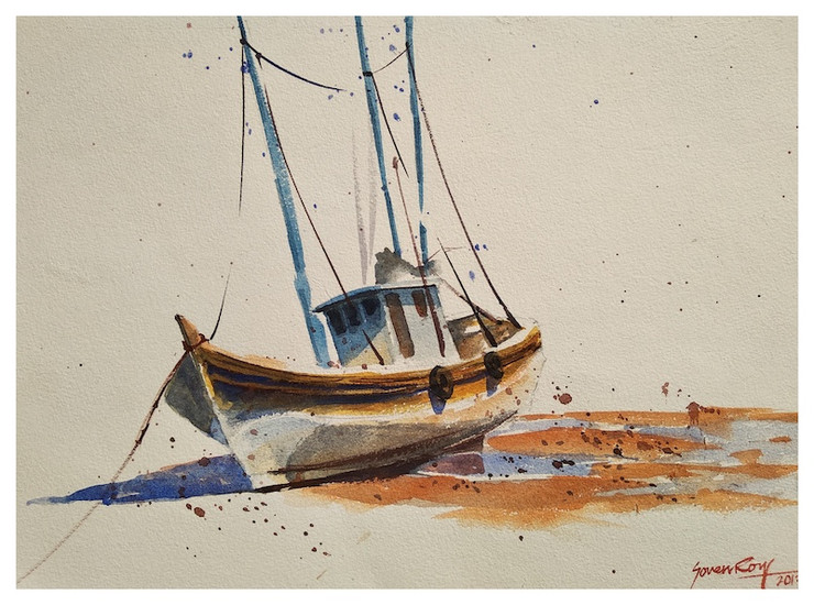 LONELY BOAT (ART_5774_51500) - Handpainted Art Painting - 14in X 10in