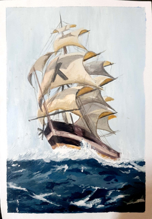 Ship in a seastorm (ART_7609_51459) - Handpainted Art Painting - 6in X 8in