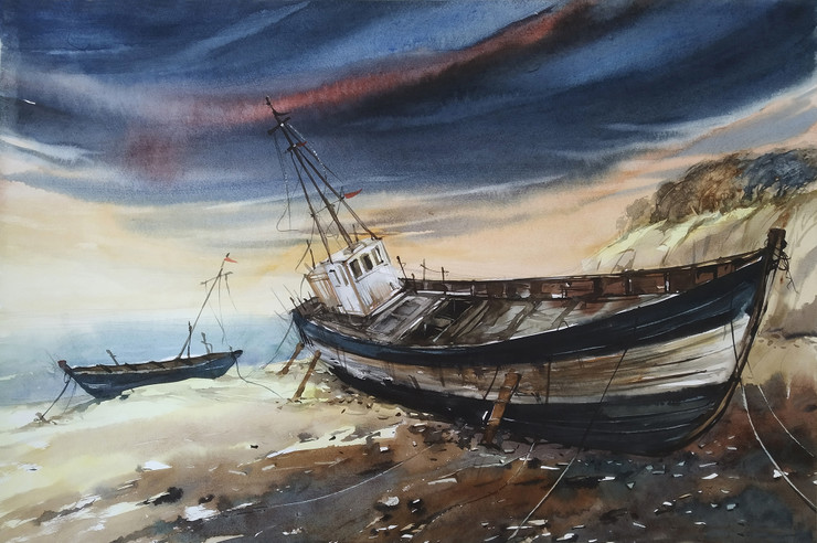Fishing Boats and Sunset (ART_7709_51326) - Handpainted Art Painting - 22in X 15in
