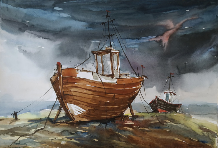 Fishing Boat in a Stormy Day (ART_7709_51318) - Handpainted Art Painting - 22in X 15in