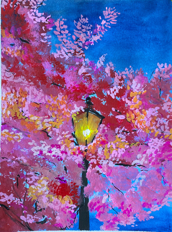 Cherry Blossoms in the night (ART_7695_51286) - Handpainted Art Painting - 6in X 8in