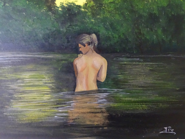 River bath (ART_398_51253) - Handpainted Art Painting - 16in X 11in