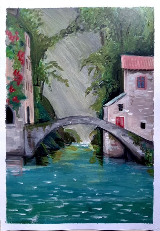 Water under a Bridge (ART_7609_49982) - Handpainted Art Painting - 6in X 8in
