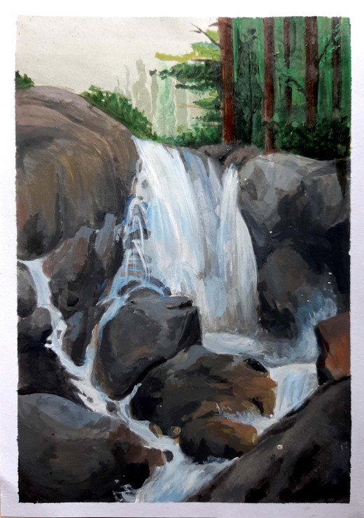 Waterfall in a Forest (ART_7609_49980) - Handpainted Art Painting - 6in X 8in