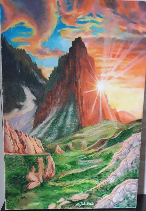 Hill Side Sun Set (ART_4209_49630) - Handpainted Art Painting - 12in X 18in