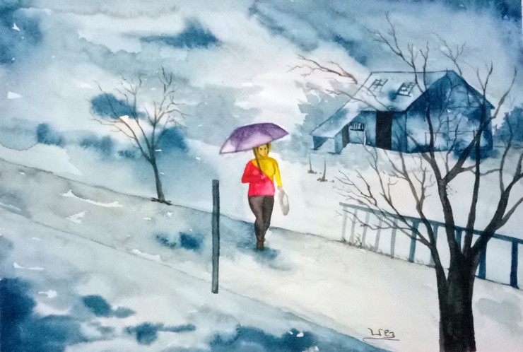 Snowfall (ART_398_51620) - Handpainted Art Painting - 16in X 11in