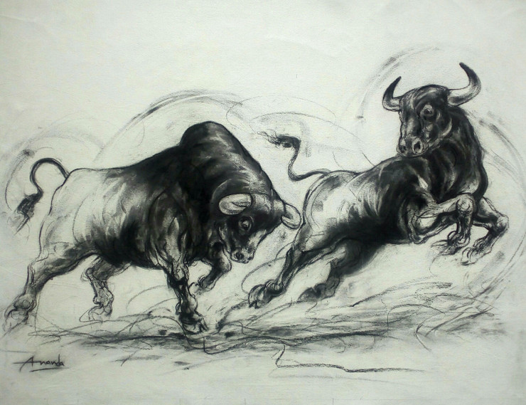 Fighting Bulls  (ART_7456_51602) - Handpainted Art Painting - 40in X 30in