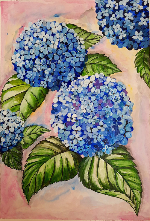 Blue Hydrangea Flowers (ART_2399_51541) - Handpainted Art Painting - 10in X 15in