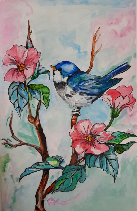 Blue Bird 2 (ART_2399_51537) - Handpainted Art Painting - 6in X 10in