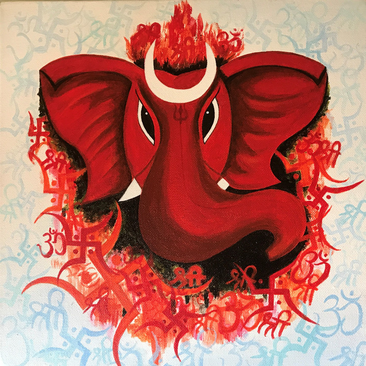 Almighty Ganesha in bold red (ART_7676_50815) - Handpainted Art Painting - 12in X 12in