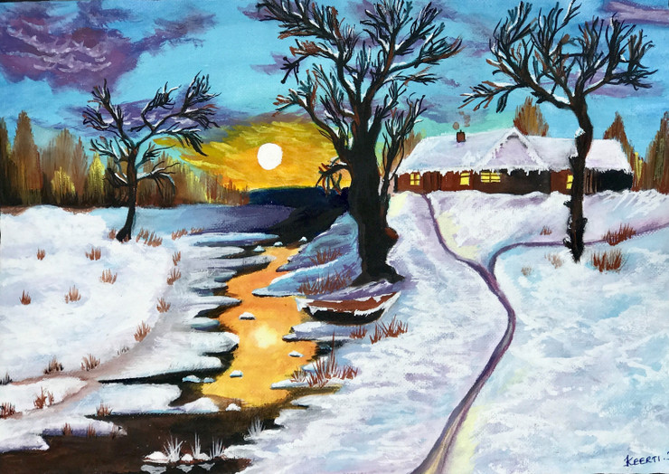 Winter landscape  (ART_7676_50933) - Handpainted Art Painting - 10in X 12in