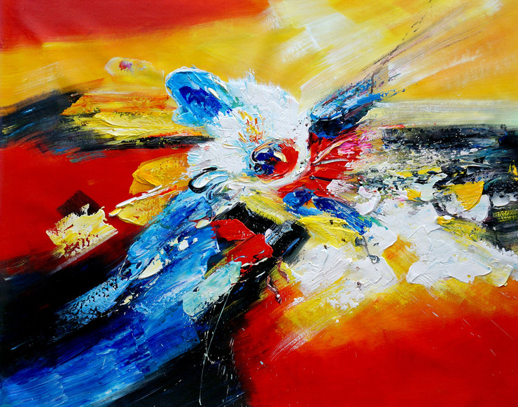 abstract, abstract painting, boats, abstract boats, red, red abstract painting, multi color abstract, yellow