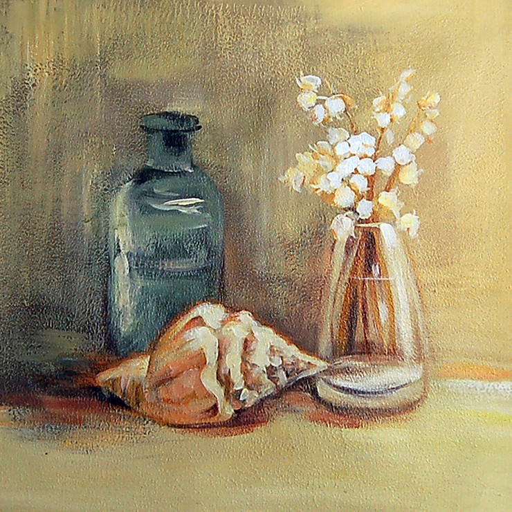 Shell,Green Bottle,White Flowers,Brown Glass Bottle
