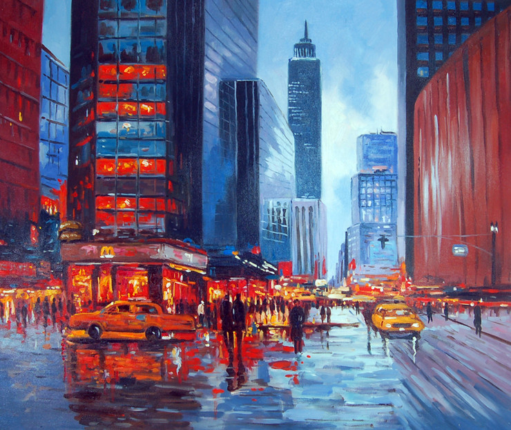 city, cityscape, city at night, colorful city, city painting, people, road, bars, shops, rain, rainy city, cars