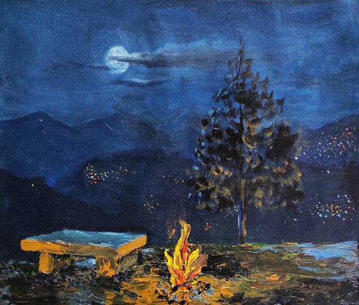 Bonfire (ART_7718_51931) - Handpainted Art Painting - 18in X 14in