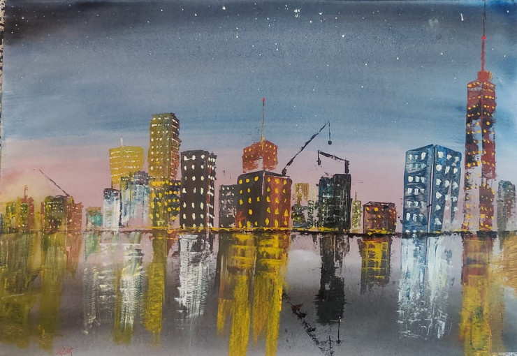 City lights (ART_7747_51898) - Handpainted Art Painting - 24in X 18in