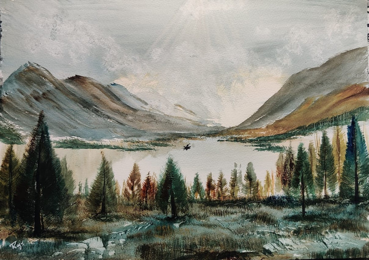 River through mountains (ART_7747_51895) - Handpainted Art Painting - 17in X 12in