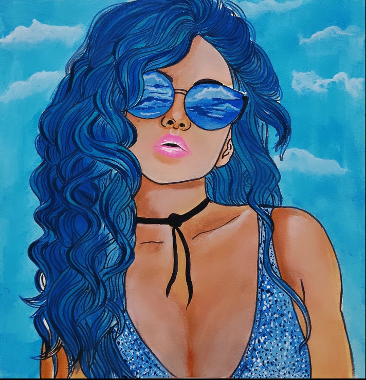 Beautiful girl wearing beach glasses (ART_5557_51822) - Handpainted Art Painting - 14in X 14in