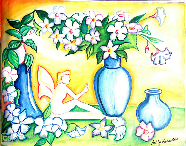 Flowers with a vase (ART_7743_51875) - Handpainted Art Painting - 14in X 10in