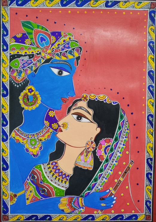 'Radha Krishna' Handmade Madhubani Artwork (ART_7722_51770) - Handpainted Art Painting - 8in X 12in
