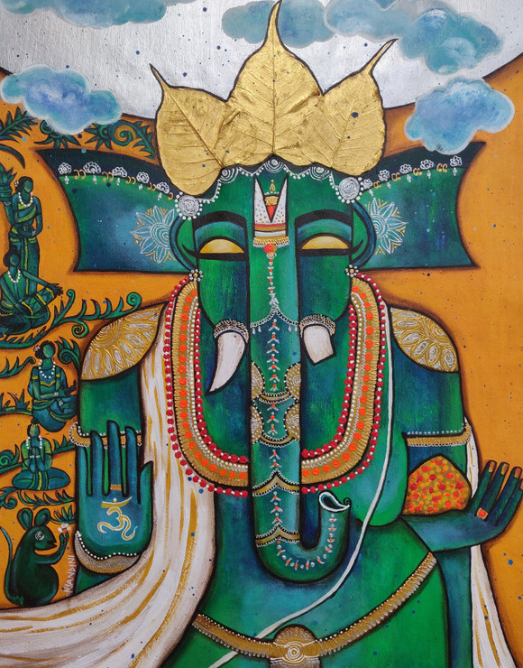 Ganpati (ART_5103_51854) - Handpainted Art Painting - 29in X 38in
