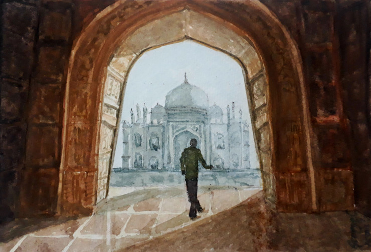 Taj through the door (ART_7732_51684) - Handpainted Art Painting - 8in X 6in