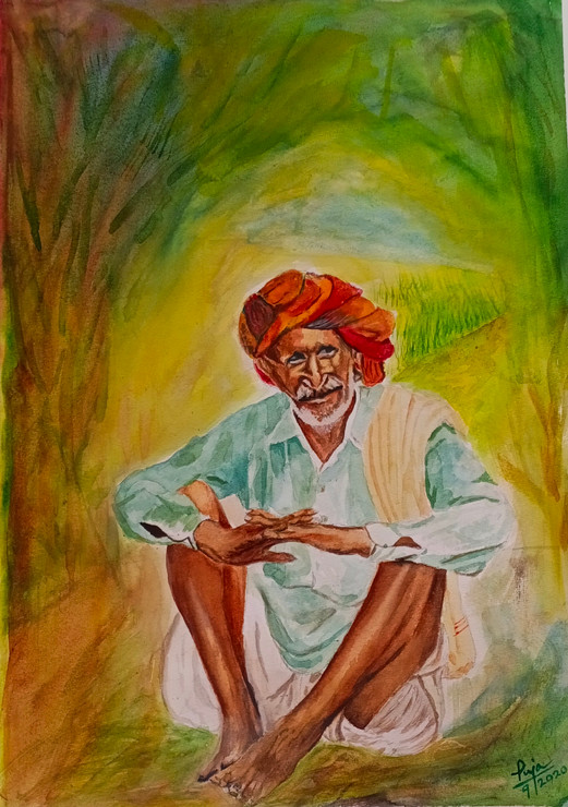 A old happy farmer  (ART_7730_51646) - Handpainted Art Painting - 11in X 16in