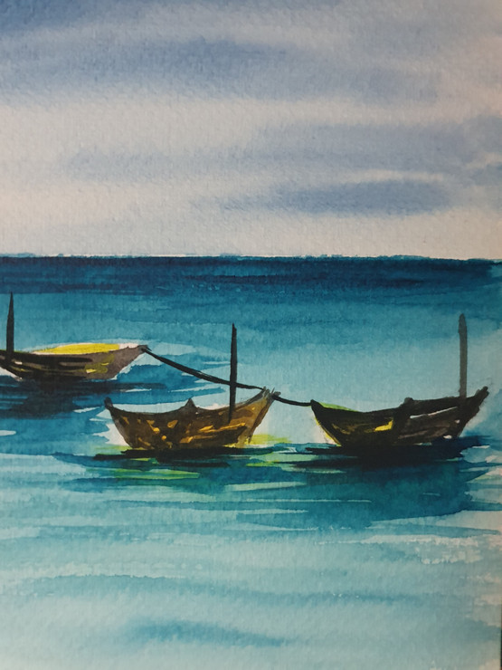 Boats in turquoise water (ART_7734_51677) - Handpainted Art Painting - 6in X 8in