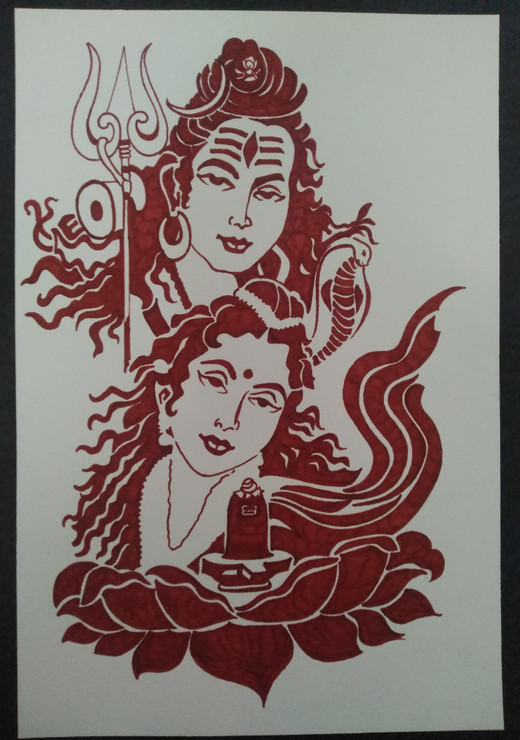 The Duo of Lord Shiva and Parvati Vector art.  (ART_7722_51694) - Handpainted Art Painting - 8in X 12in