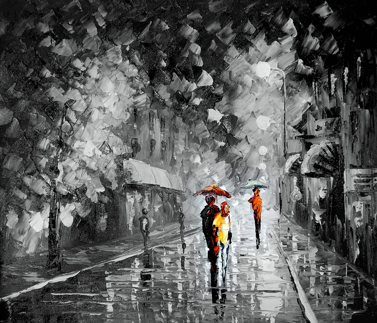 couple, couple taking walk, rain, rainy painting, landscape, cityscape, romantic,walk in the rain