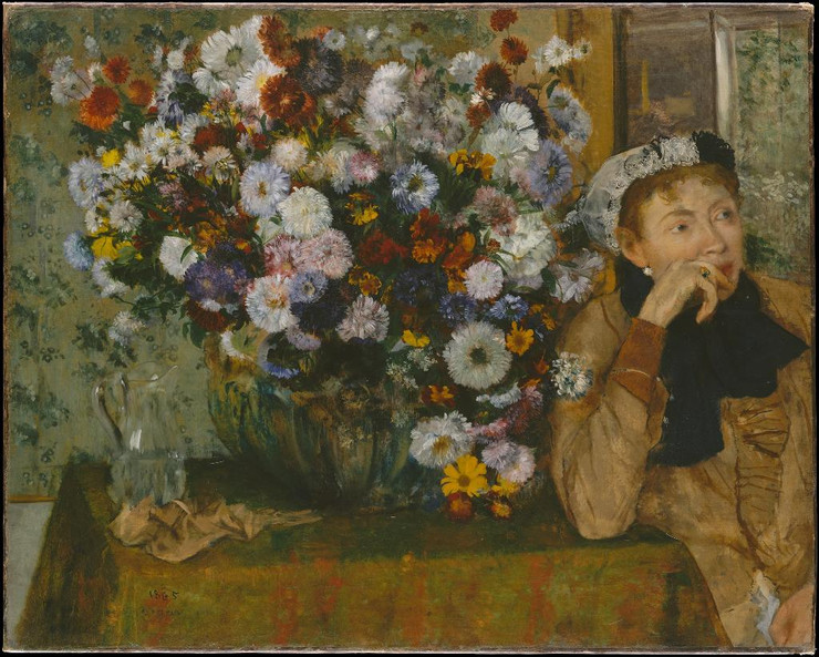 A Woman Seated Beside A Vase Of Flowers by Edgar Degas
(PRT_4421) - Canvas Art Print - 22in X 18in