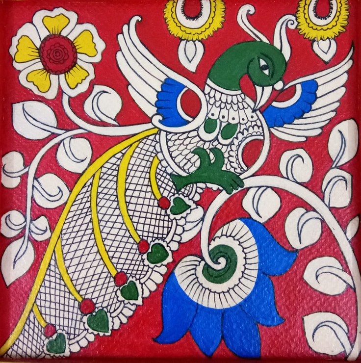 Kalamkari Peacocks (ART_7754_52135) - Handpainted Art Painting - 6in X 6in