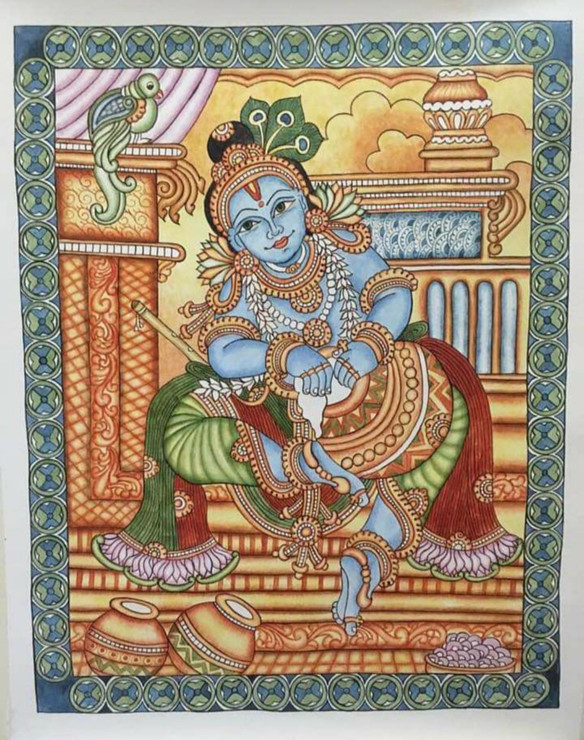 Shri Krishna eating his favorite butter (ART_7756_52239) - Handpainted Art Painting - 19in X 24in