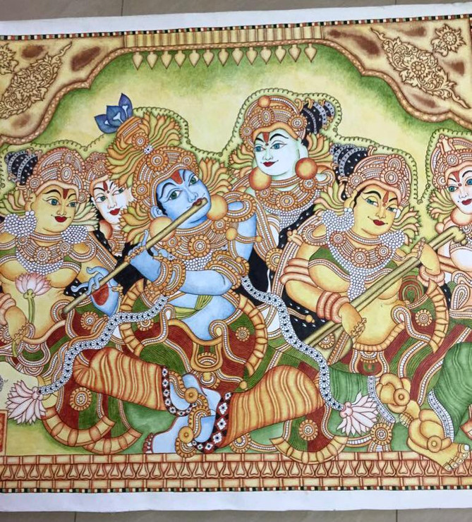 Lord Krishna playing the Bansuri (ART_7756_52174) - Handpainted Art Painting - 43in X 39in