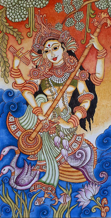 Saraswati - The Goddess of Knowledge & Wisdom (ART_7756_52163) - Handpainted Art Painting - 16in X 31in