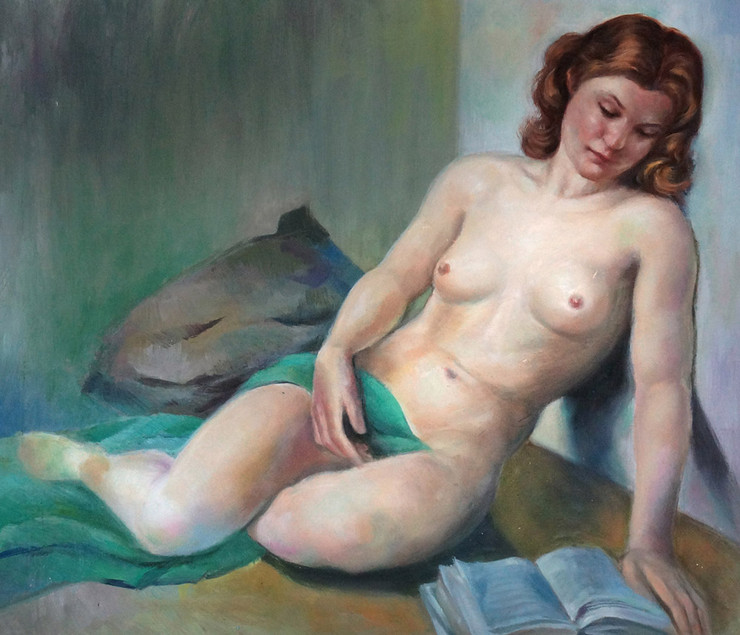 lady, woman, girl , woman painting, nude, nude art, nude painting, painting of the nude lady, book, lady with book