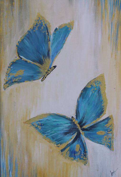 Sparkling Blue Butterflies (ART_2683_52038) - Handpainted Art Painting - 12in X 18in