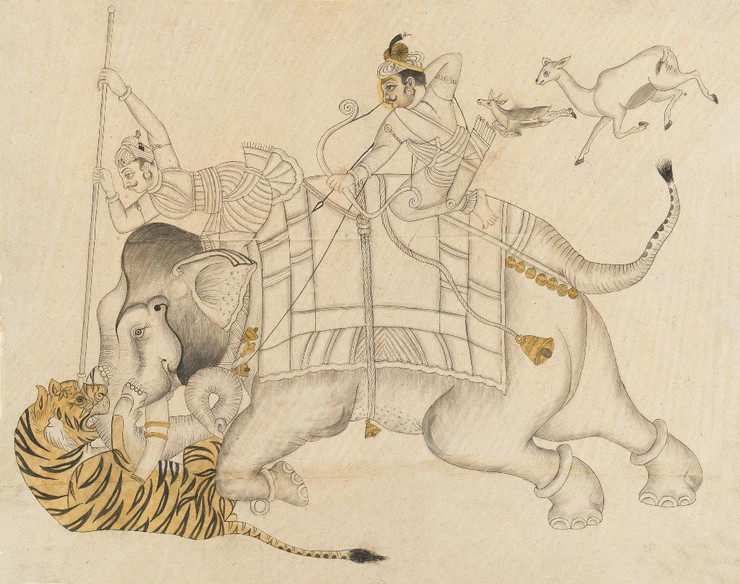 Maharao Shatru Sal II (1866‚Äì89) Hunting A Tiger
(PRT_4669) - Canvas Art Print - 21in X 17in