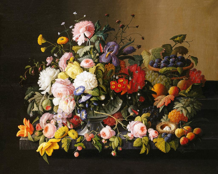 Still Life- Flowers And Fruit by Severin Roesen 
(PRT_4754) - Canvas Art Print - 22in X 18in