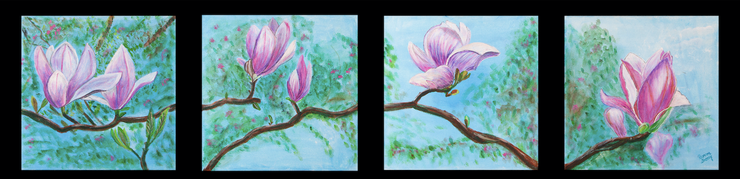 Magnolia Flowers (Quadriptych) (ART_7787_52548) - Handpainted Art Painting - 12in X 12in