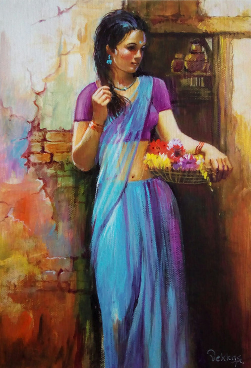Beautiful Indian Woman - With Blue Sari (ART_1038_52715) - Handpainted Art Painting - 24in X 36in