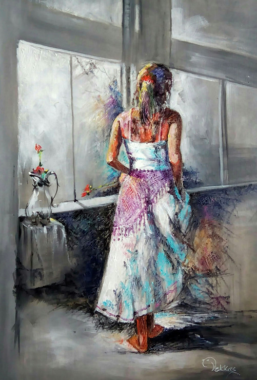 Beautiful Indian Woman - With Grey BG (ART_1038_52714) - Handpainted Art Painting - 20in X 30in