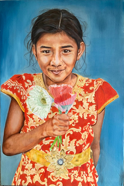 Flower Seller on Street (ART_3240_52658) - Handpainted Art Painting - 24in X 36in