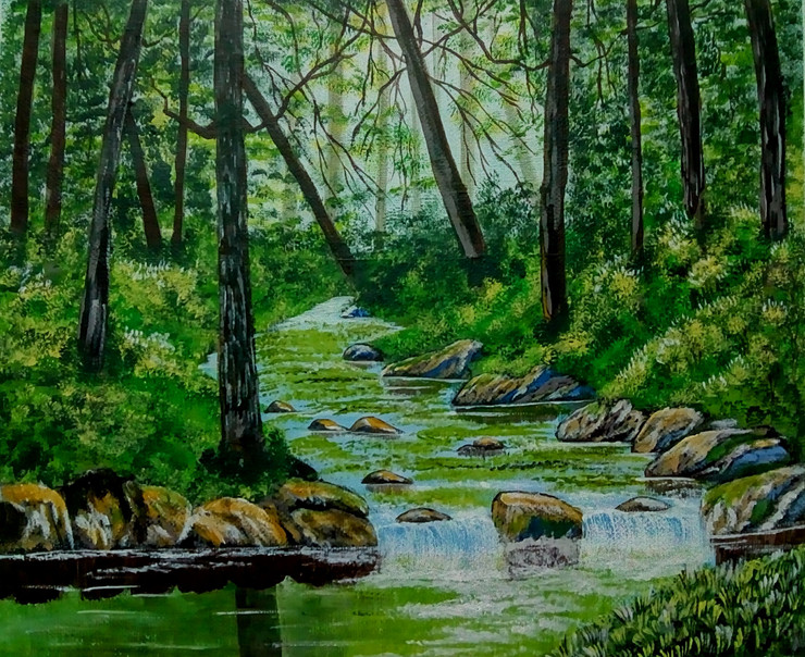 SILENT FOREST (ART_7793_52589) - Handpainted Art Painting - 12in X 10in