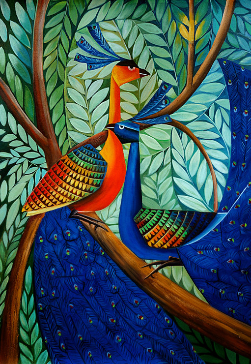 animal, animal painting, bird, birds, peacock, peacock painting, painting of the peacok on tree