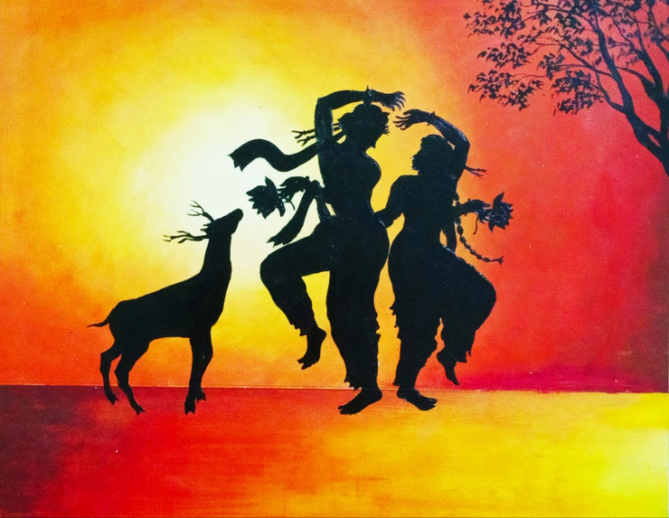 Radha Krishna Shadow Dance (ART_7806_53033) - Handpainted Art Painting - 14in X 12in