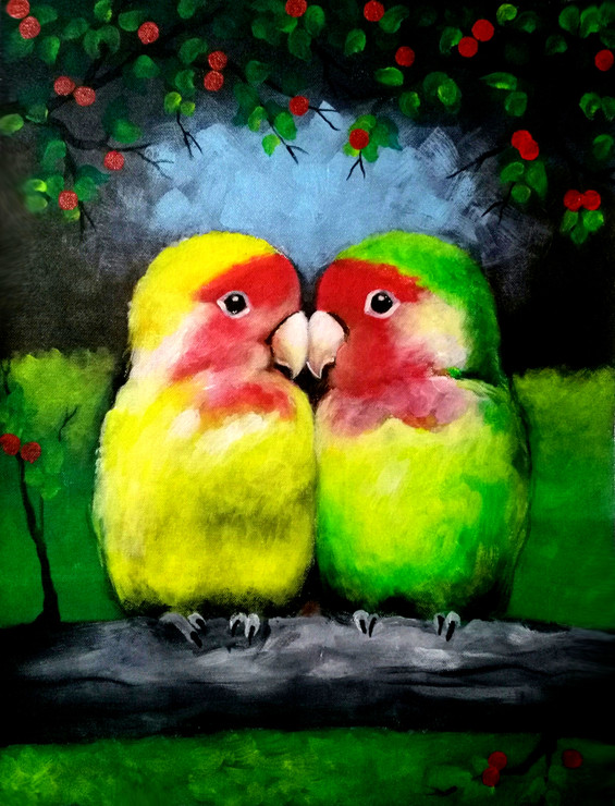 Lovebirds (ART_236_53006) - Handpainted Art Painting - 13in X 15in